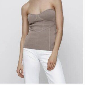 NWT Zara Knit Strapless Bustier Top - Taupe Color - Size Medium (M)